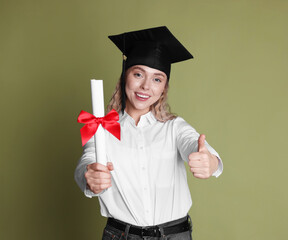 Happy student with diploma showing thumbs up after graduation on green background