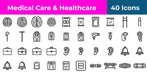Medical care and healthcare icons showing brains bags ears and emergency exit signs in black and white