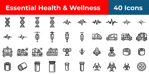 A collection of health and wellness icons featuring dna heartbeats iv drips ambulances and other medical symbols