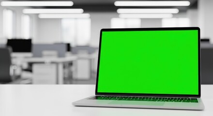 Laptop with green screen on white desk. Empty modern office room as a background. Digital device for business presentation and online meeting concept.
