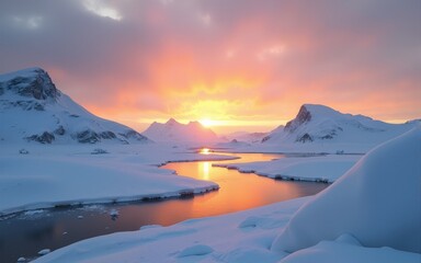An arctic landscape depicts snow and water at sunset with the sun. High quality