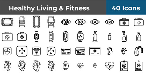 A collection of forty health and fitness icons featuring medical equipment and wellness related symbols