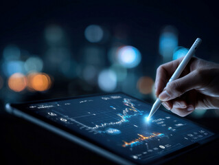 Person using an iPad with stylus to draw graphs, holographic display of financial data, dark background with blue lights, high-tech atmosphere, professional photography style - AI-Generated
