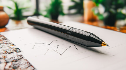 Pen is sitting on a piece of paper with a graph on it. The pen is black and has a gold tip. The graph on the paper shows a downward trend