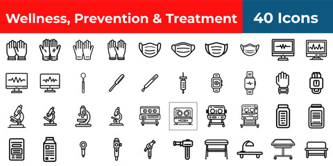 A collection of medical icons representing wellness prevention and treatment in a flat design style