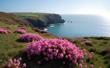 The coast of Ceibwr in Pembrokeshire, Wales with pink sea thrift. High quality