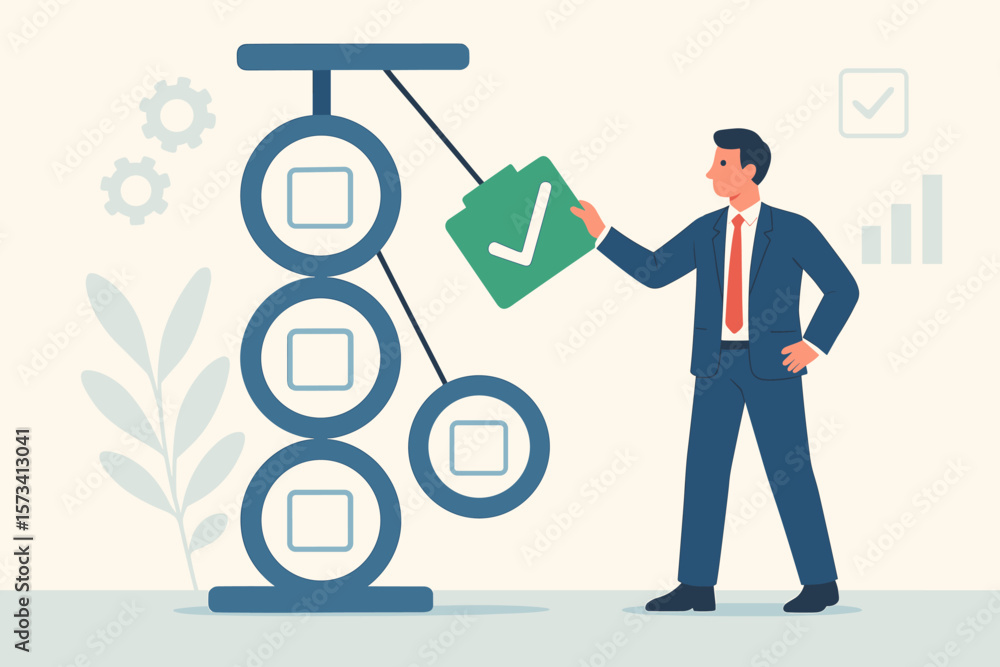 Poster checklist for task completion and project management. businessman planning work progress and workflo