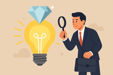 Business value discovery concept. Businessman with magnifier finds a priceless idea. Quality measurement, opportunity search for a brilliant and valuable innovation metaphor.
