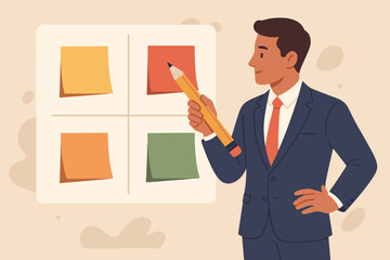 Project management concept. Businessman prioritizing tasks with the Eisenhower matrix. Urgent important work strategy. Time management, productivity, planning for business success.