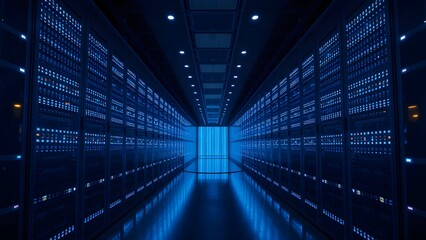 Digital Artery: Wide-Angle View of a Minimalist Data Center with Pulsing Lights and Vanishing Point
