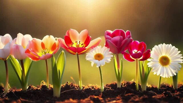 Vibrant spring flowers blooming in a row under the warm golden sun, perfect for garden, nature, and growth themes