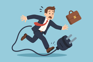 Business mistake accident concept. Clumsy businessman tripping over electric power cable, falling, losing briefcase. Workplace hazard, failure, risk, danger, office problem