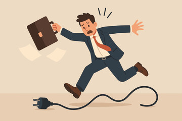 Clumsy businessman tripping over power cable, business accident, workplace mistake, danger, risk, stress, failure, surprise problem, falling briefcase, office hazard, concept