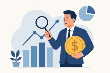 Businessman Analyzing Financial Market Growth, Investment Earnings, Money Management, Economic Progress, Stock Exchange Report, Holding Gold Coin, Data Chart Concept