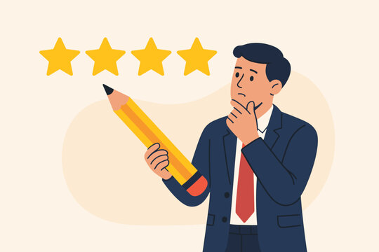 Customer review and satisfaction survey concept. Businessman holding a pencil, giving a four-star performance rating. Feedback, evaluation, and quality assessment metaphor.