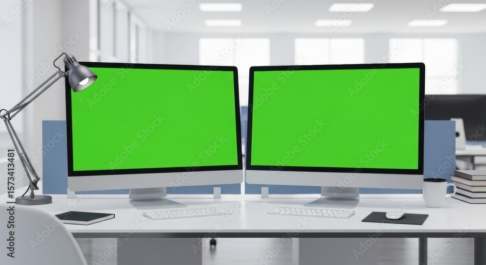 Aufkleber two computer screens with green chroma key display in bright office space. modern gadget mockup temp