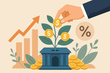 Investment growth concept with businessman hand putting coin into bank, money plant, increasing wealth, mutual funds, 401K, pension, savings, dividends, capital gain, interest rate