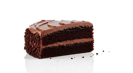 Decadent rich chocolate cake slice with creamy frosting isolated on white background for delicious dessert