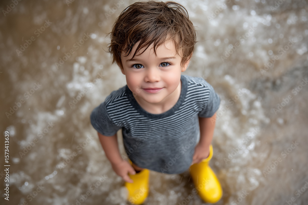 Poster boy looking at camera while playing in shallow water, joyfully splashing around. setting features so