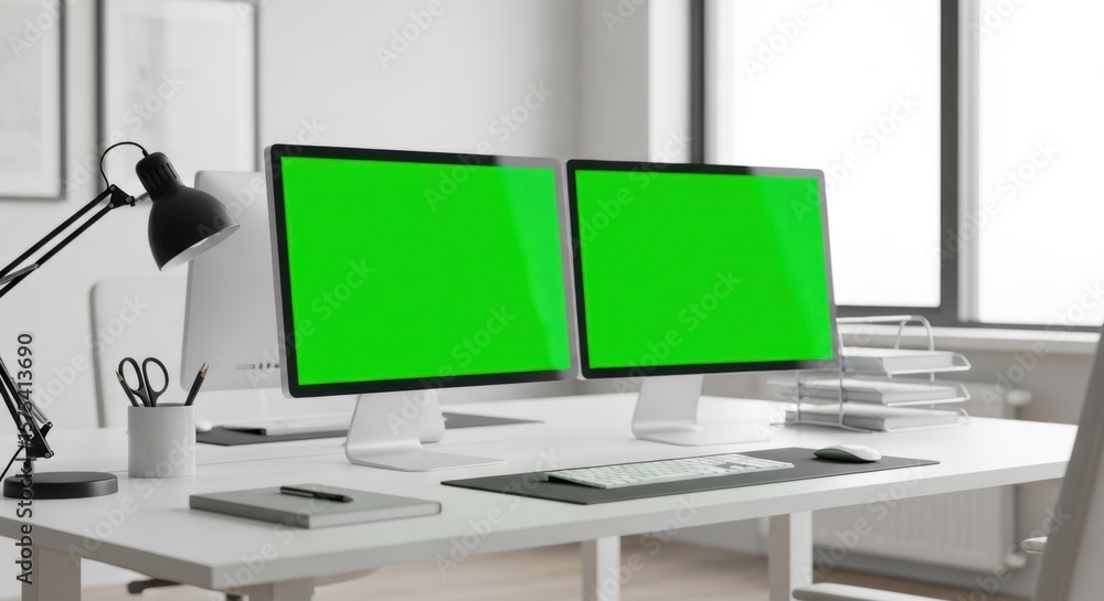 Poster two computer monitors with green screen display on a modern office desk. workstation mock up concept