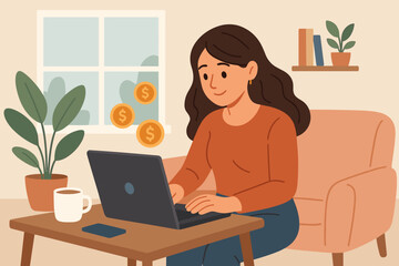 Remote work from home freelance businesswoman earning money online. Self-employed female entrepreneur using laptop. E-commerce, telecommuting, digital nomad workspace concept