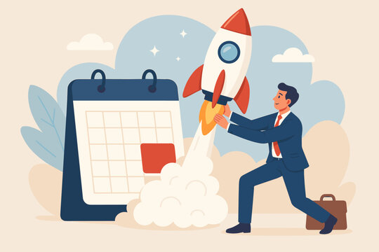 Businessman Launching Startup Rocket, New Company or Product Release, Entrepreneurship, Innovative Project Kickoff, Business Launch Date, Small Business Success Concept