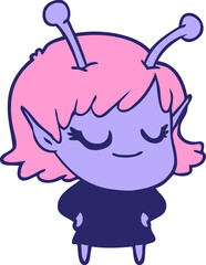 smiling alien girl cartoon with love heart in bright neon color