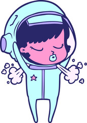 cartoon pretty astronaut girl taking off helmet in bright neon color