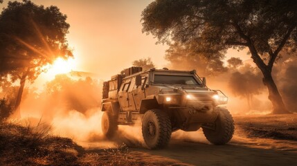 Fototapeta premium A powerful armored vehicle drives fast on a dusty dirt road through a forest du sunset with bright sunlight shining through trees casting long shadows.