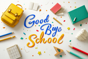 Bright stationery items surround cheerful Goodbye School lettering on clean white surface. Colorful confetti adds festive atmosphere. Concept of education, graduations, celebrations