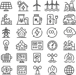 Energy and Environment Icon Set – 30 Black Line Art Vector Symbols Featuring Renewable Power, Electric Vehicles, Sustainability, Smart Homes, and Climate Technology Concepts