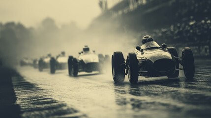 Classic race cars speed along a rain-soaked track du a vintage competition, their drivers focused on victory as spectators watch in the distance in monochrome.
