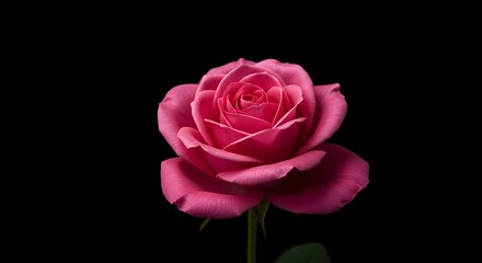 Fototapeta premium Close-up of a vibrant pink rose bloom isolated on a stark black background showcasing delicate petals and a single stem