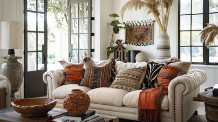 An eclectic and bohemian sitting area furnished with a vintageinspired sofa adorned with a mix of ethnicprinted throws and textured pillows. The result is a cozy and inviting space