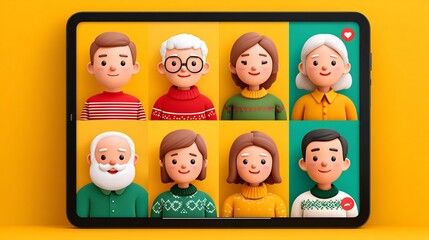 Family christmas zoom call meeting holiday virtual gathering on tablet device cartoon characters connection hanukkah  tech integration 