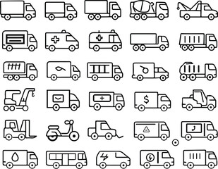 Utility and Service Vehicle Icon Set – 30 Black Line Art Vector Illustrations Featuring Ambulance, Delivery Truck, Cement Mixer, Tow Truck, Scooter, Van, Bus, and More