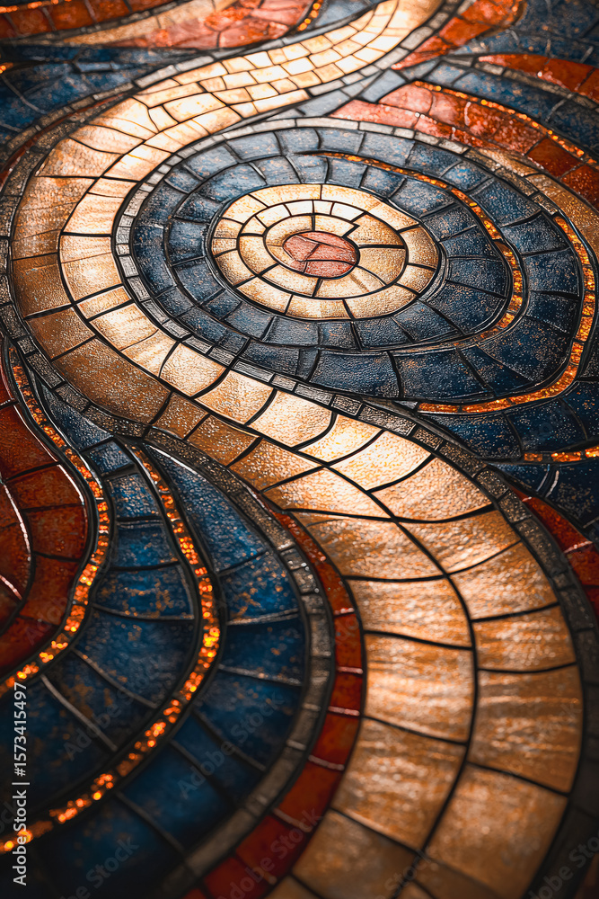 Poster mosaic tile floor with a blue, red, and white design. the tiles are arranged in a spiral pattern, cr