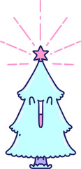 illustration of a traditional tattoo style christmas tree with star in bright neon color