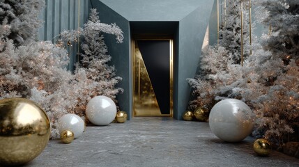 Modern Christmas interior with gold and white decorations