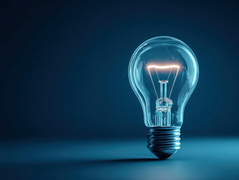 High contrast image of a single glowing lightbulb on a blue backdrop, casts soft shadows Classic design with visible filament inside clear glass casing Minimalist style, high-key colo - AI-Generated