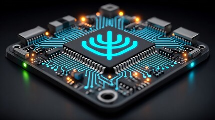 Advanced technology microchip processor with glowing blue circuit illustration for ai development hanukkah  tech integration 