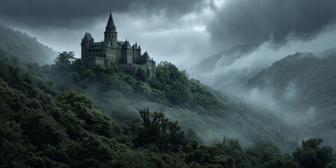 Medieval castle is perched on a rocky hillside, surrounded by lush greenery and misty mountains. Ancient stone structure, dramatic landscape, historical grandeur, natural beauty.