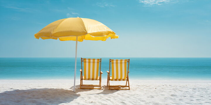 Two empty yellow and white striped beach chairs under a bright yellow umbrella on a white sand beach by the blue ocean. Summer vacation concept for travel.