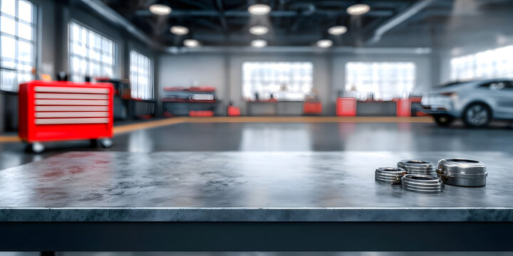 auto car repair service tabletop for product display, blank table top showcase for mechanic tool exposition, vehicle repair shop background with copy space and empty surface