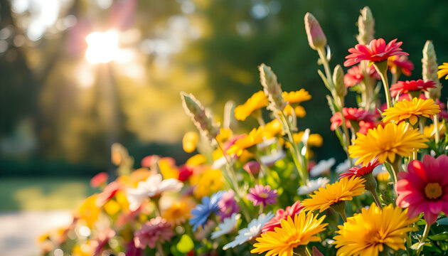 A vibrant floral arrangement in an English park glows under the gentle morning sunlight.