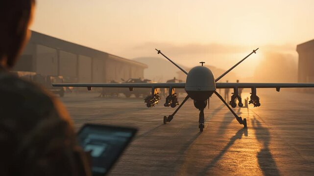Military Drone Operations Taking Place at Sunrise in the Early Morning Sky