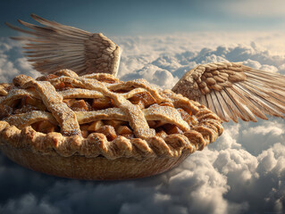 Golden apple pie floating in the sky, garnished and freshly baked, with an outstretched wing suggesting an angelic presence The image is set against a blue sky, with soft, - AI-Generated