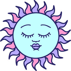 tattoo in traditional style of a sun with face in bright neon color
