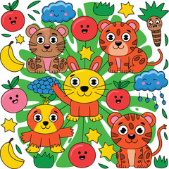Naklejka premium Cute cartoon animals and fruit with jungle leaves tiger
