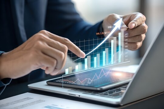 Business graph with percentage, special offer of shopping department store discount and tax concept, adjusting interest rates, raising interest rates to fight inflation, returns on investments.